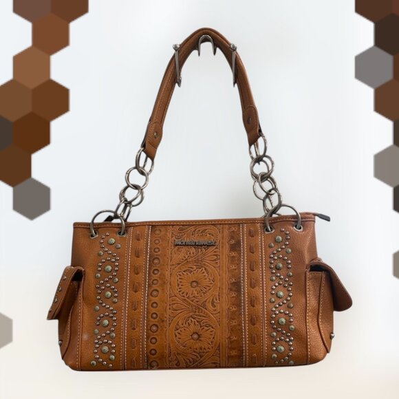 Montana West Embossed Brown Satchel Floral Studded Western Style Handbag NWT - Picture 2 of 14
